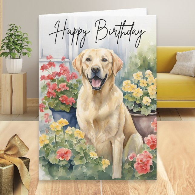 Yellow Labrador Retriever Dock Picture Birthday Karte (A birthday card with picture of a yellow labrador retriever and geraniums in a watercolor style)
