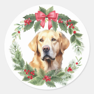 Yellow Labrador Retriever Dog Red Bow Holly Wreath Runder Aufkleber