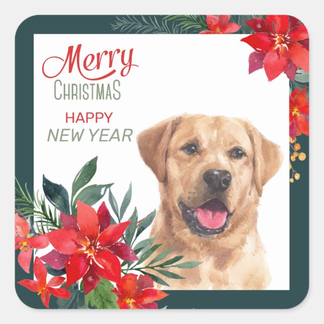 Yellow Labrador Retriever Poinsettia Bouquet Quadratischer Aufkleber (Vorderseite)