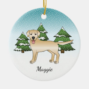Yellow Labrador Retriever - Winter Forest & Name Keramik Ornament