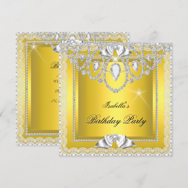 Yellow Lace Elegano Diamonds Silver Birthday Party Einladung (Vorne/Hinten)
