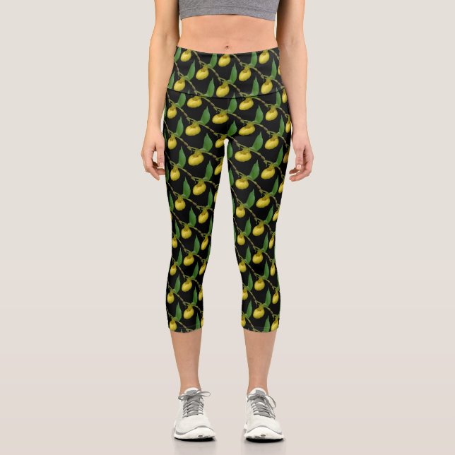 Yellow Lady Slipper Orchid Blume Nattern Muster Capri Leggings (Vorderseite)