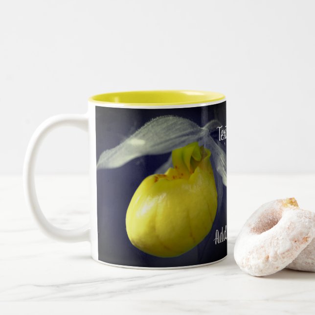 Yellow Lady Slipper Orchid Blume Personalisiert Zweifarbige Tasse (Mit Donut)