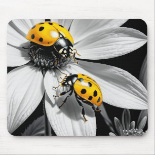 Yellow Ladybugs Käfer auf Schwarz-weißer Blume Mousepad