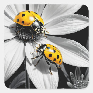 Yellow Ladybugs Käfer auf Schwarz-weißer Blume Quadratischer Aufkleber