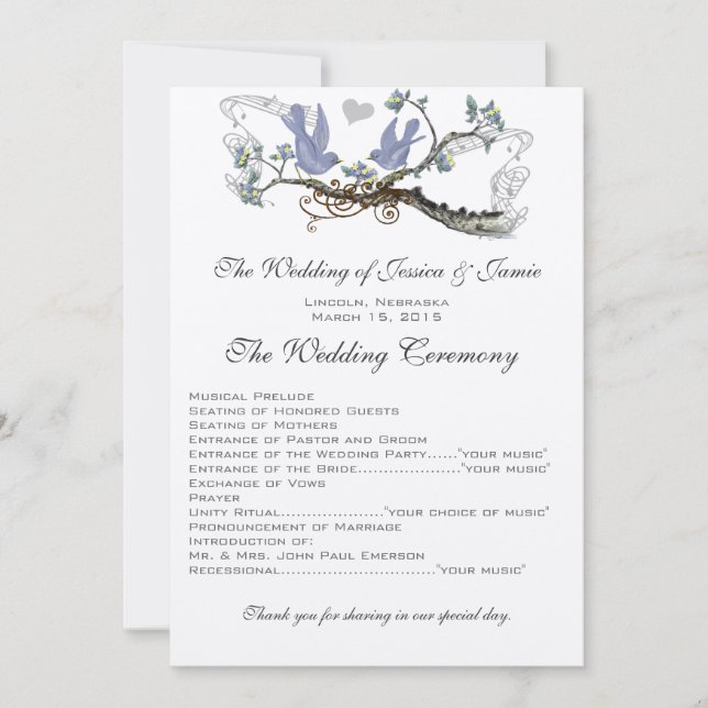 Yellow & Lavender Vintage Lovebird Hochzeitsprogra Einladung (Vorderseite)