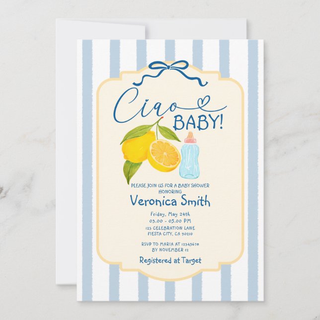 Yellow Lemon Blue Italy Ciao Babydusche Einladung (Vorderseite)