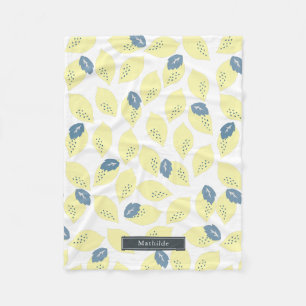 Yellow Lemon Citrus & Blue Grau Leaf Muster Fleecedecke
