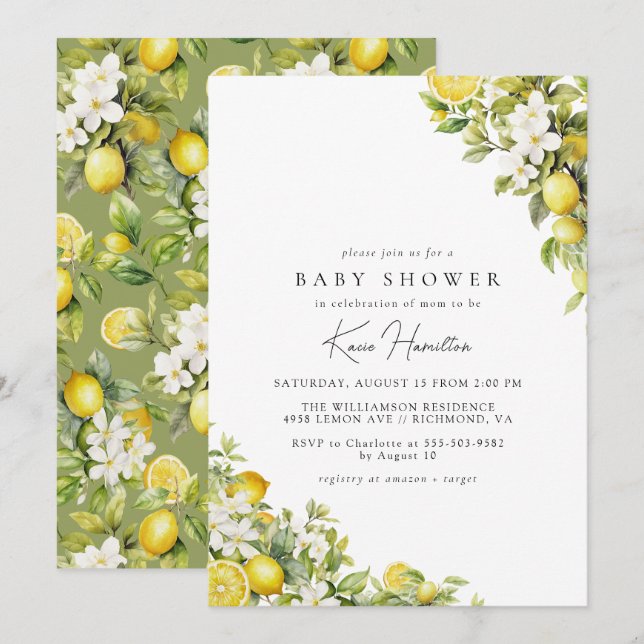 Yellow Lemon | Citrus Fruit Summer Baby Shower Einladung (Vorne/Hinten)
