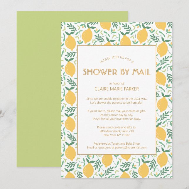 Yellow Lemon Citrus Greenery Baby Shower by Mail Einladung (Vorne/Hinten)