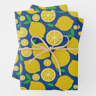 Yellow Lemon Citrus Muster auf Blue Geschenkpapier Set
