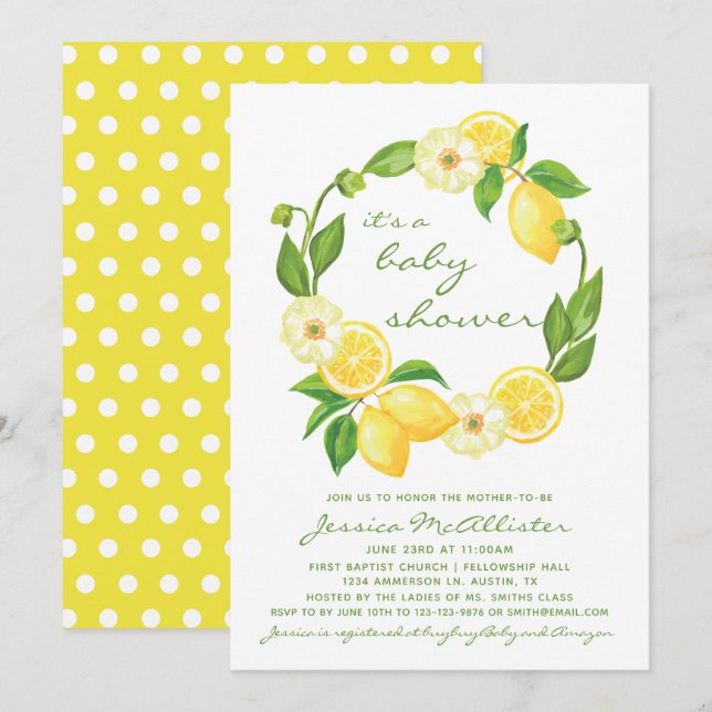 Yellow Lemon Citrus Punkt Unisex Kinderdusche Einladung (Vorne/Hinten)