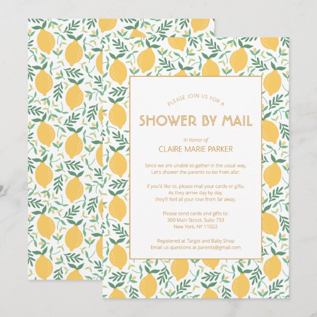 Yellow Lemon Fruit Foliage Baby Dusche mit Mail Einladung (Vorne/Hinten)
