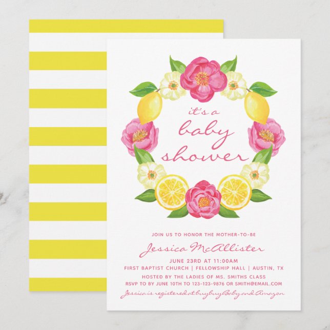 Yellow Lemon Pink Roses Stripes Girl Babydusche Einladung (Vorne/Hinten)