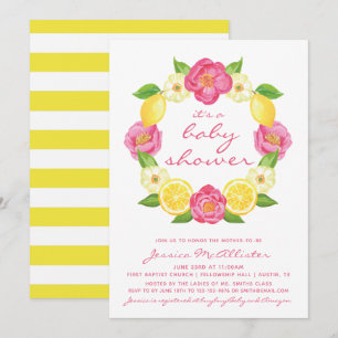 Yellow Lemon Pink Roses Stripes Girl Babydusche Einladung