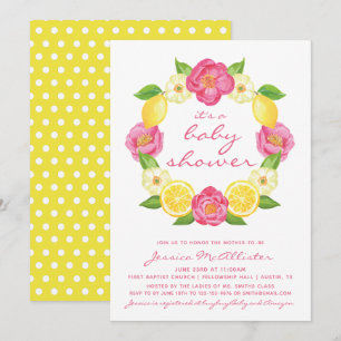 Yellow Lemon Pink Roses Wreath Girl Babydusche Einladung