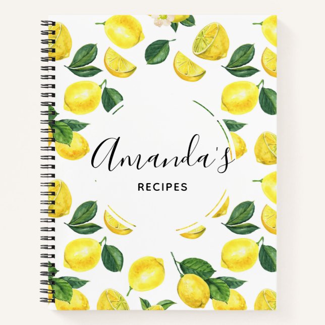 Yellow Lemons Aquarell Fruchtmuster Rezepte Notizbuch (Vorderseite)