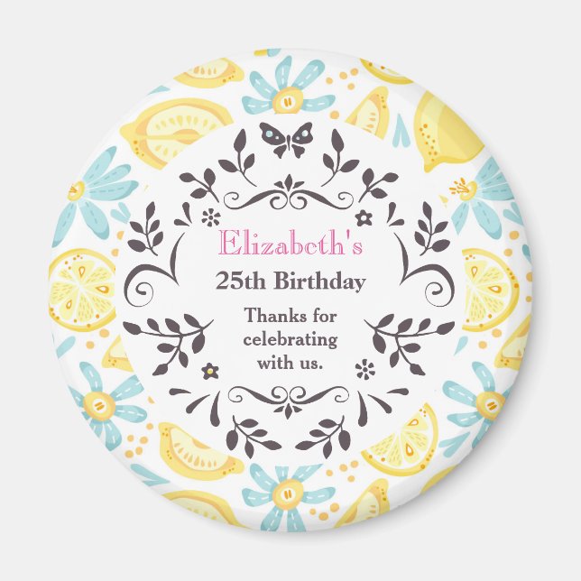 Yellow Lemons & Blue Flowers Birthday Thank You Magnet (Vorne)