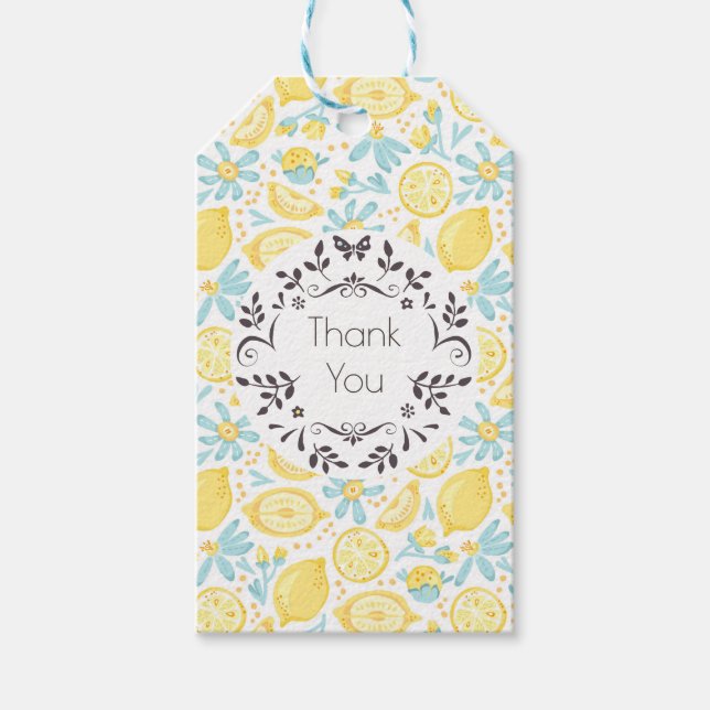 Yellow Lemons & Blue Flowers Muster Vielen Dank Geschenkanhänger (Vorderseite)