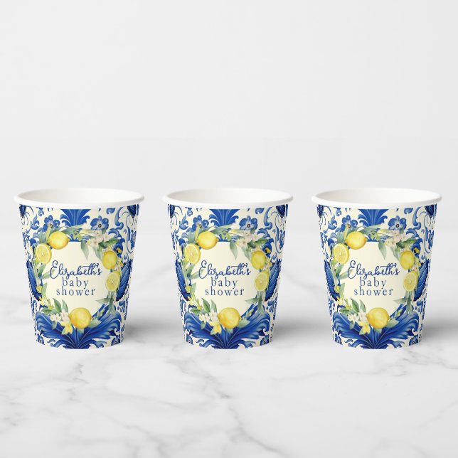 Yellow Lemons Blue Tile Lemon Babydusche Pappbecher (Multi)