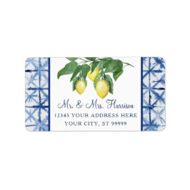 Yellow Lemons Citrus Foliage Blue White Wedding Adressaufkleber
