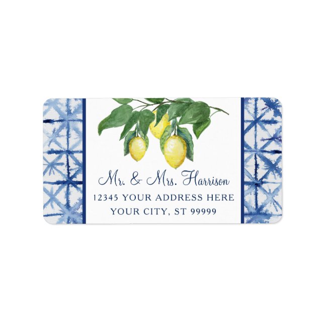Yellow Lemons Citrus Foliage Blue White Wedding Adressaufkleber (Vorne)