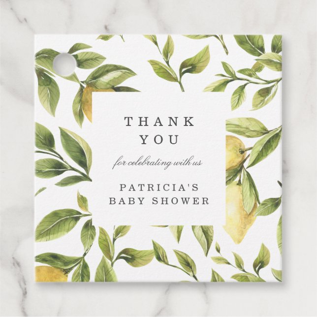Yellow Lemons foliage chic Danke Baby Dusche Geschenkanhänger (Vorderseite)