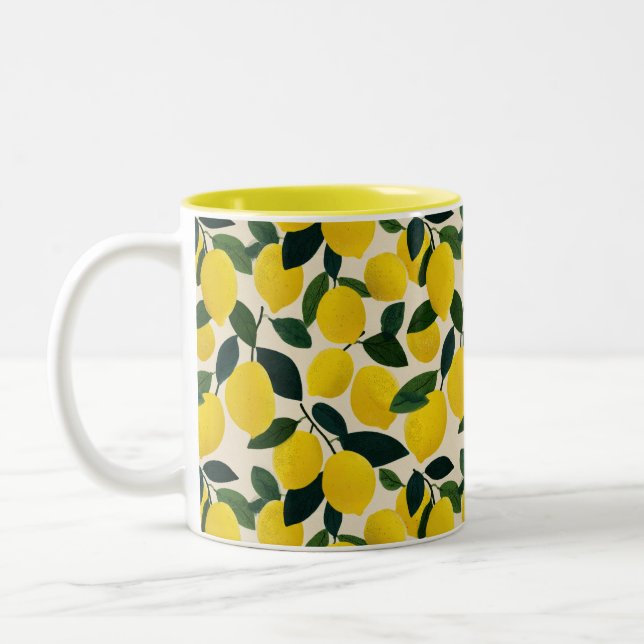 Yellow Lemons Pattern Citrus Fruit Mediterranean  Zweifarbige Tasse (Links)