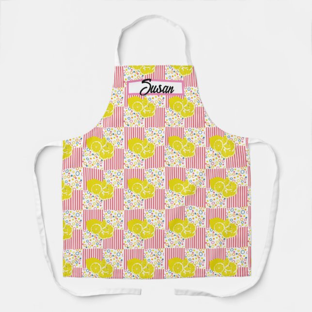 Yellow Lemons Pink Stripes Summer Schürze (Vorderseite)