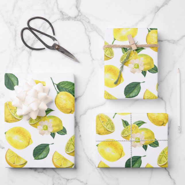 Yellow Lemons Watercolor Fruchtmuster Geschenkpapier Set (Vorderseite)