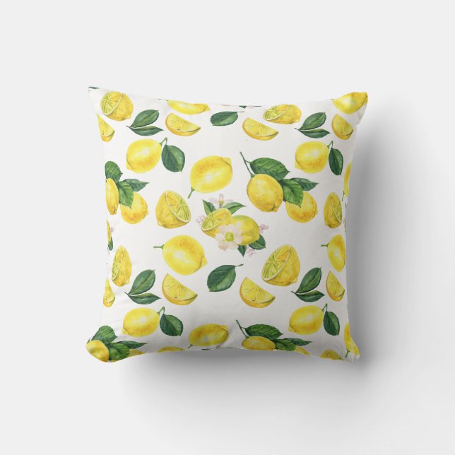Yellow Lemons Watercolor Fruchtmuster Kissen (Vorderseite)