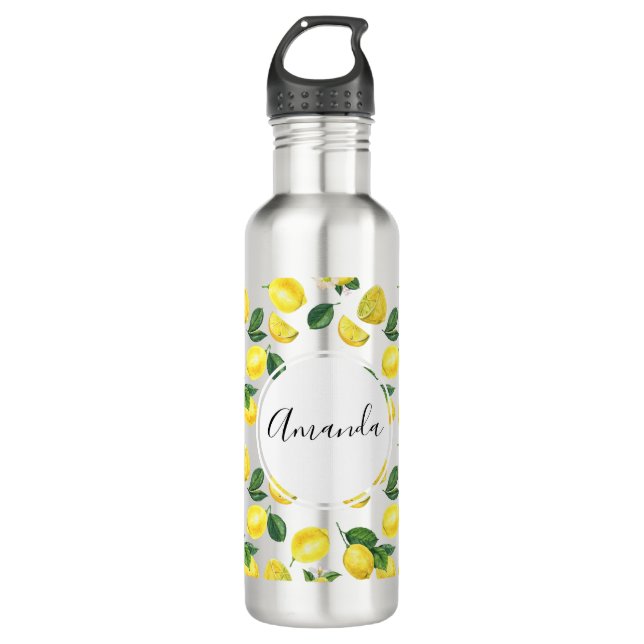 Yellow Lemons Watercolor Pattern Edelstahlflasche (Vorderseite)