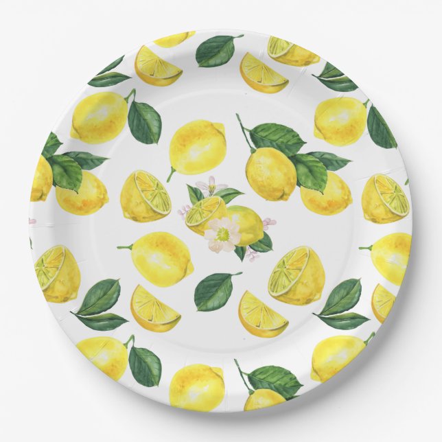 Yellow Lemons Watercolor Pattern Pappteller (Vorderseite)
