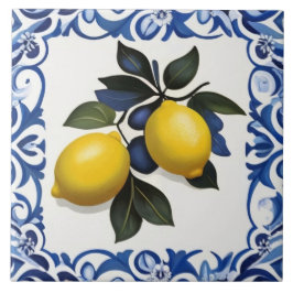 Yellow Lemons with Blue and White Border Fliese