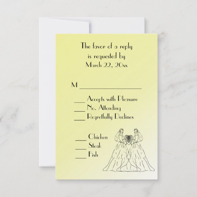 Yellow Lesbian Wedding Menu UAWG RSVP Karte (Vorderseite)