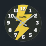 Yellow lighting bolt flash personalized runde wanduhr<br><div class="desc">Yellow lighting bolt flash personalized round clock. Cool powerful zigzag thunderbolt design with big number dial. Add custom name or text. Customizable colors. Cool wall clock for home, office, kid's room etc. Thunder strike at midnight.</div>