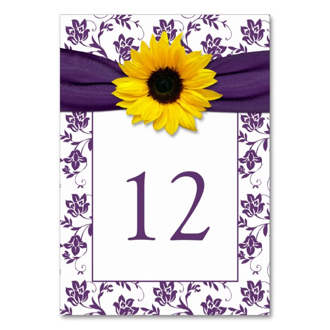 Yellow Lila Damask Sonnenblumenblume Hochzeit Tischnummer (Vorderseite)