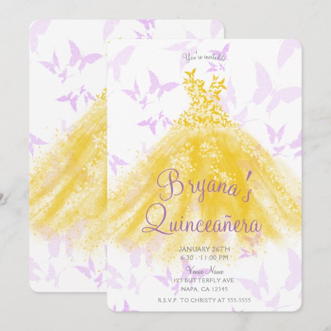 Yellow & Lilac Butterfly Dance Dance Dance Quincea Einladung (Vorne/Hinten)