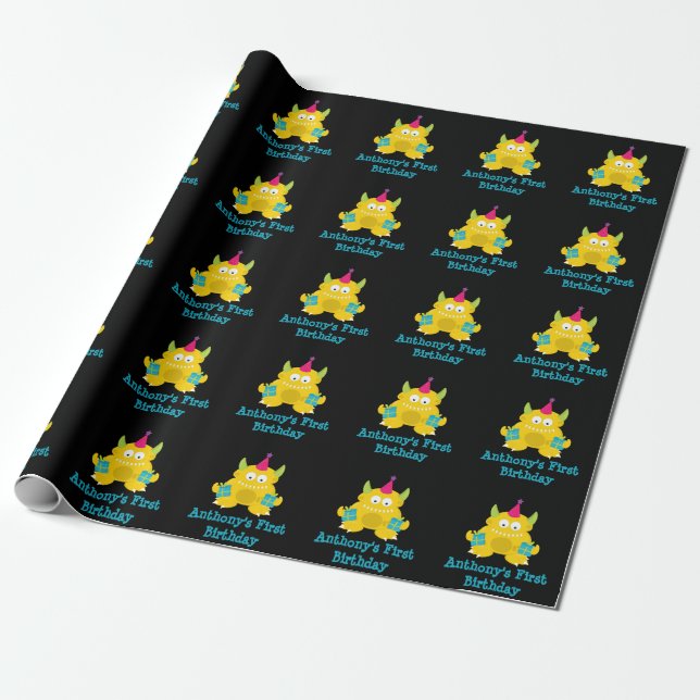 Yellow Little Monster Birthday Gift Wrap Geschenkpapier (Ungerollt)