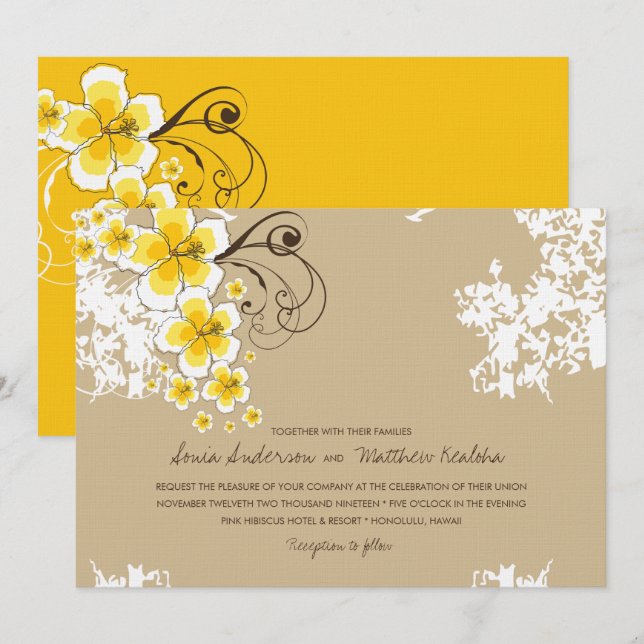 Yellow Luau Beach Hochzeit im tropischen Hibiskus Einladung (Vorne/Hinten)