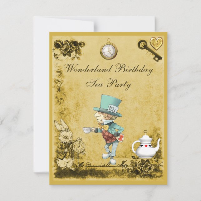 Yellow Mad Hatter Wonderland Birthday Tee Party Einladung (Vorderseite)