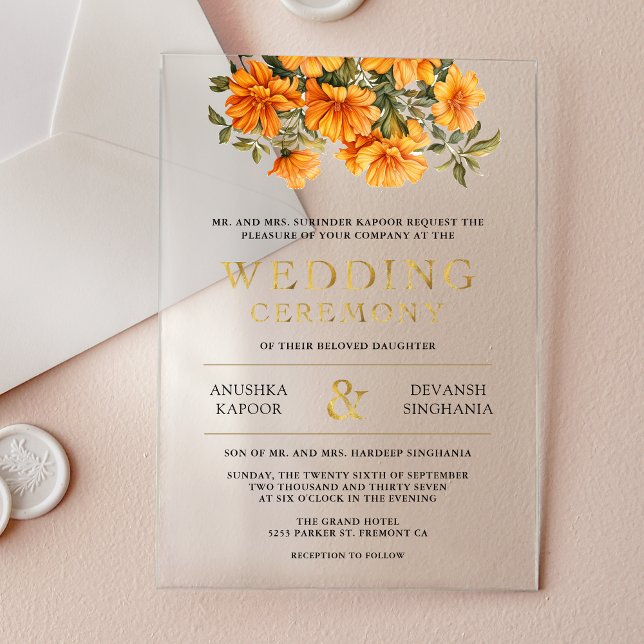 Yellow Marigold Floral South Indian Wedding Acryleinladungen (Von Creator hochgeladen)