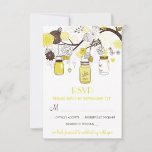 Yellow Mason Jars Summer Wedding Floral RSVP Card Karte