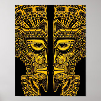 Yellow Mayan Twins Mask Illusion in Black Poster