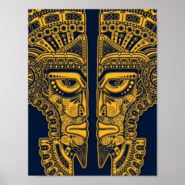 Yellow Mayan Twins Mask Illusion in Blue Poster (Vorne)