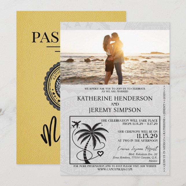 Yellow Mexico Passport Hochzeit Einladung (Vorne/Hinten)