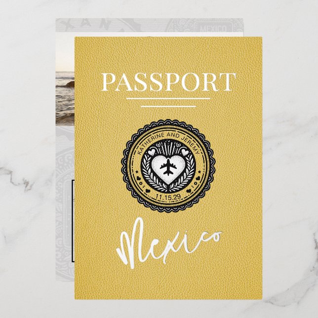 Yellow Mexico Passport Hochzeit Folieneinladung (Vorderseite/Rückseite)