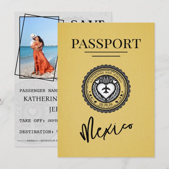 Yellow Mexico Passport Save the Date (Vorne/Hinten)