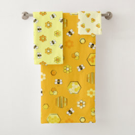 Yellow Midjahrhundert Retro Honey Bee Pattern Badhandtuch Set