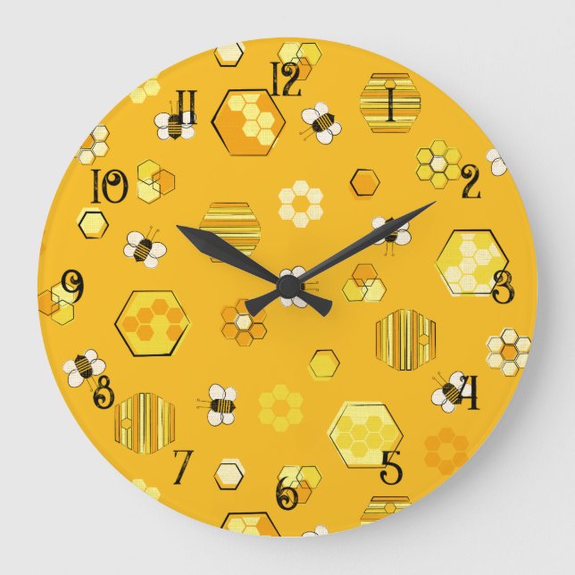 Yellow Midjahrhundert Retro Honey Bee Pattern Große Wanduhr (Vorderseite)